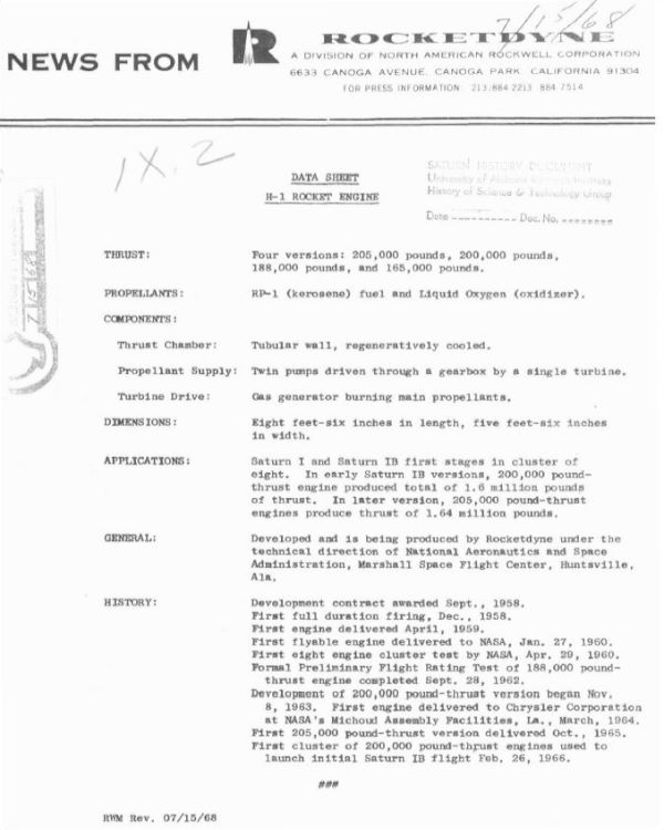 H-1 Rocket Engine Data Sheet